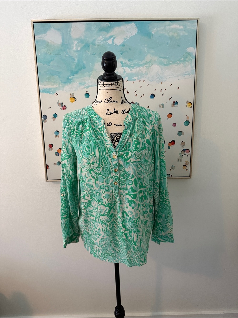Mint Green Printed V-Neck Long-Sleeve Women's Blouse